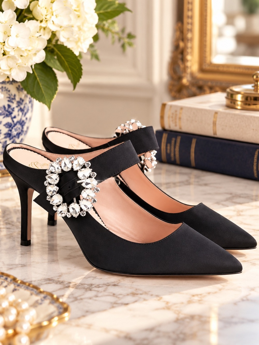 J.Crew Elsie Mary Jane Satin Mules Jewel Buckle Black Heels Made in Italy Size 6